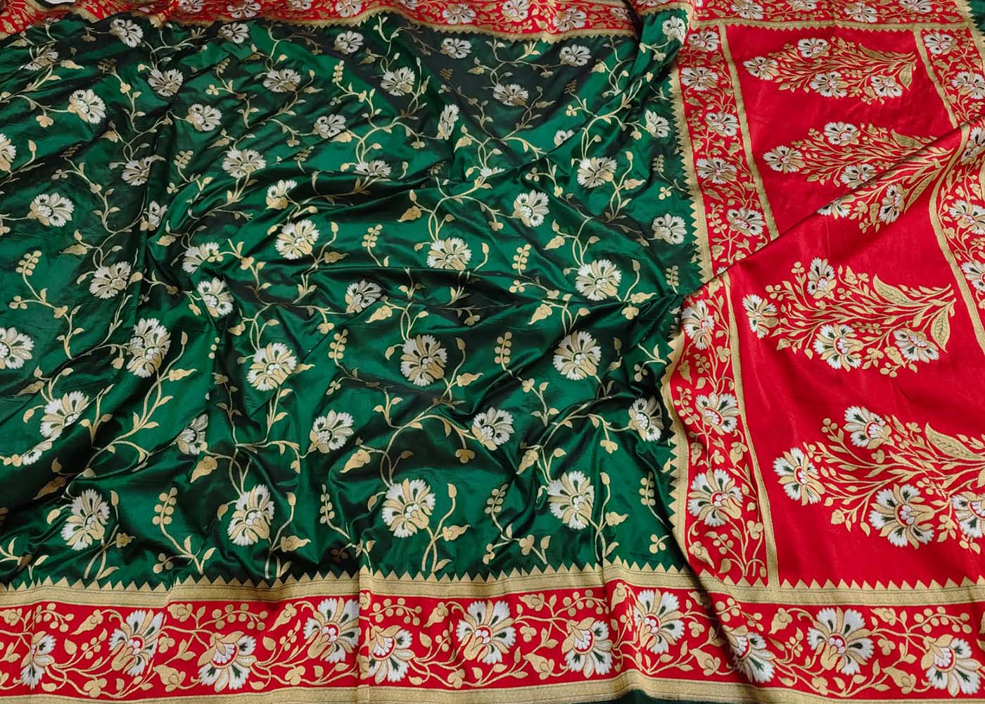 Green Handloom Banarasi Pure Katan Silk Sona Roopa Saree - Luxurion World