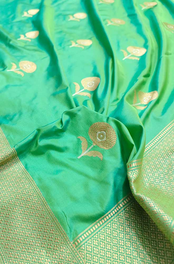 Green Handloom Banarasi Pure Katan Silk Sona Roopa Saree - Luxurion World