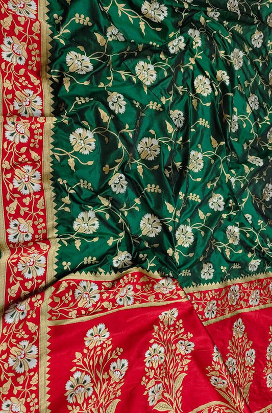 Green Handloom Banarasi Pure Katan Silk Sona Roopa Saree - Luxurion World
