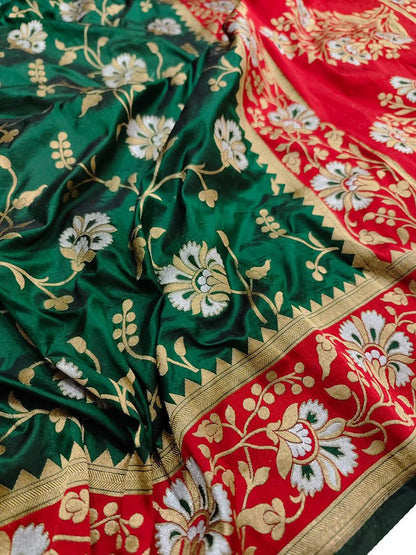Green Handloom Banarasi Pure Katan Silk Sona Roopa Saree - Luxurion World