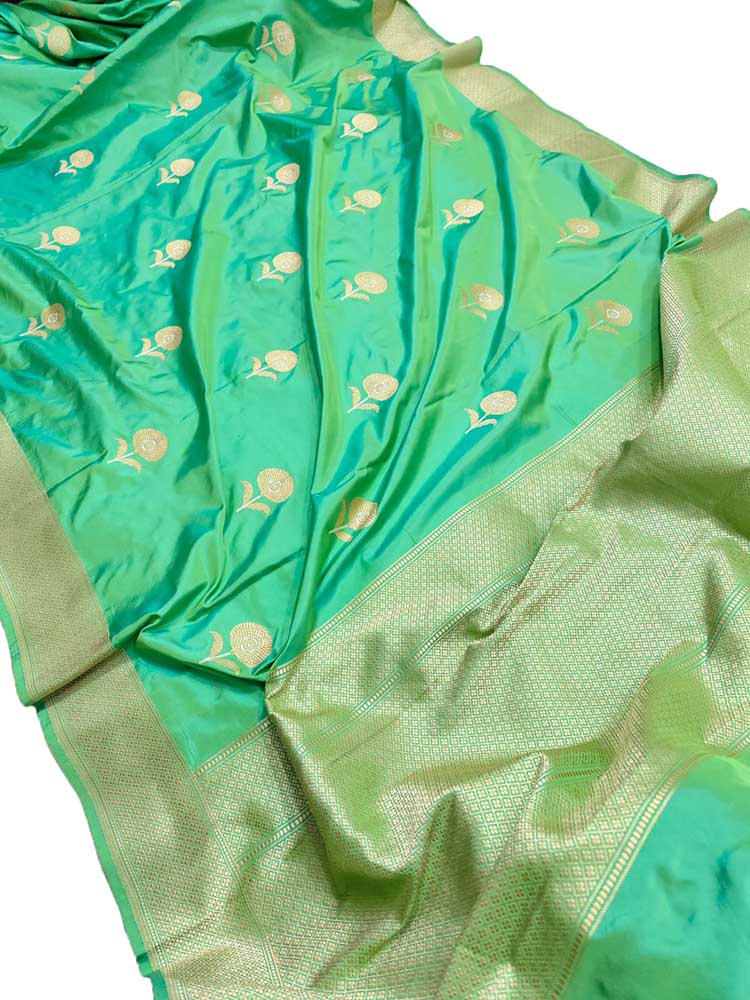 Green Handloom Banarasi Pure Katan Silk Sona Roopa Saree - Luxurion World
