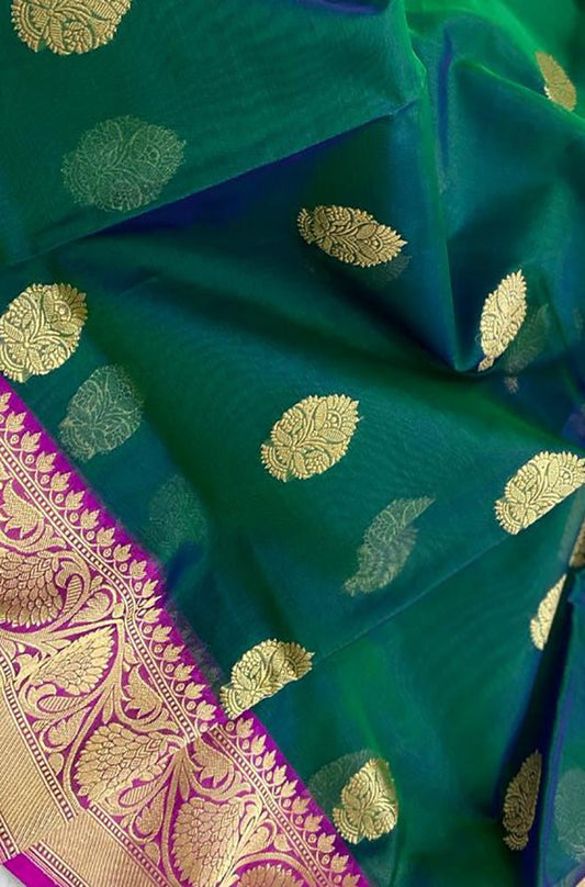 Green Handloom Banarasi Pure Kora Organza Silk Saree - Luxurion World