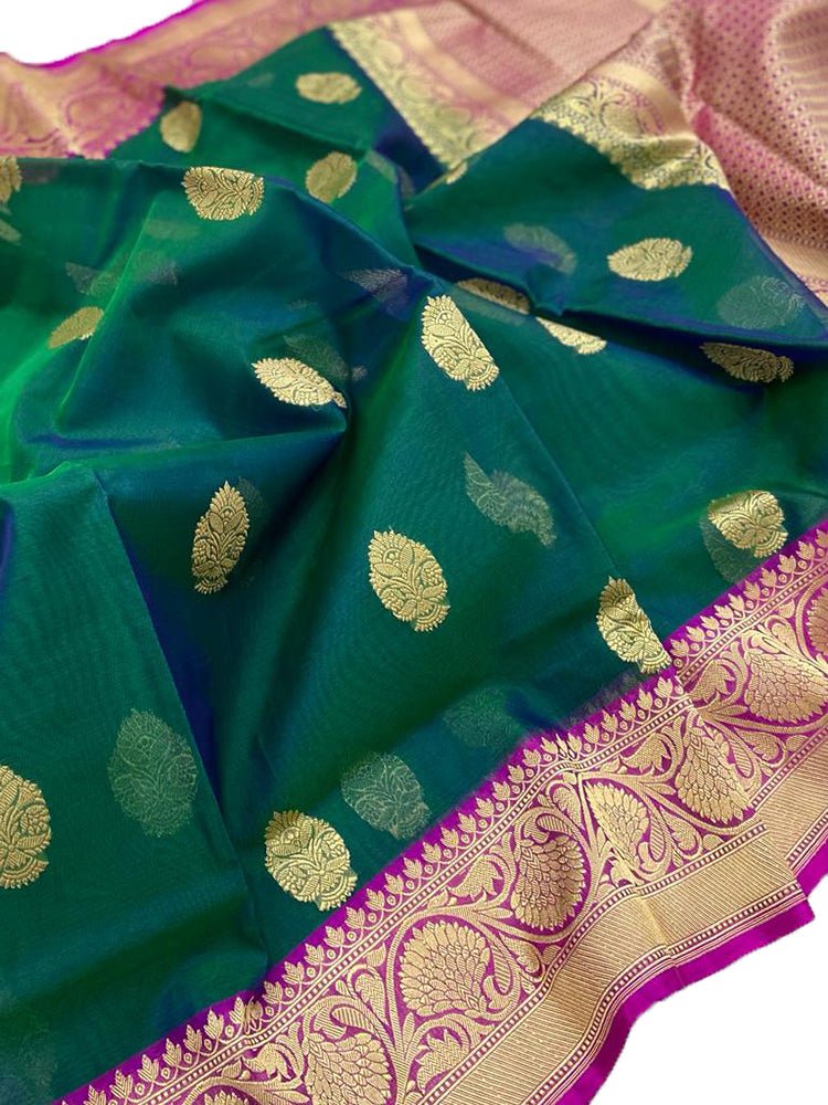 Green Handloom Banarasi Pure Kora Organza Silk Saree - Luxurion World
