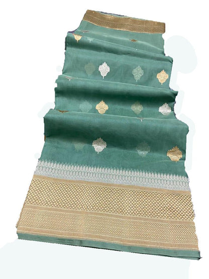Green Handloom Banarasi Pure Kora Organza Silk Sona Roopa Saree - Luxurion World