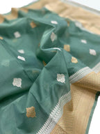 Green Handloom Banarasi Pure Kora Organza Silk Sona Roopa Saree - Luxurion World