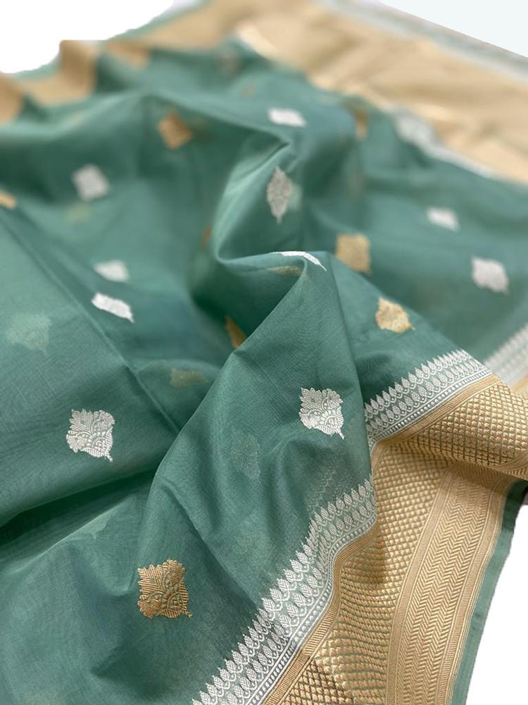 Green Handloom Banarasi Pure Kora Organza Silk Sona Roopa Saree - Luxurion World