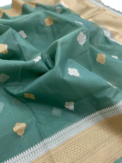 Green Handloom Banarasi Pure Kora Organza Silk Sona Roopa Saree - Luxurion World