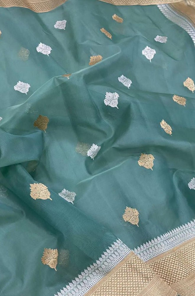 Blue Handloom Banarasi Pure Kora Silk Sona Roopa Dupatta - Luxurion World
