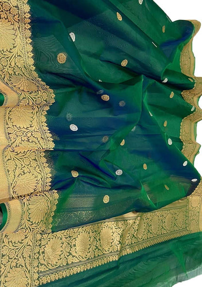 Green Handloom Banarasi Pure Kora Silk Sona Roopa Dupatta - Luxurion World