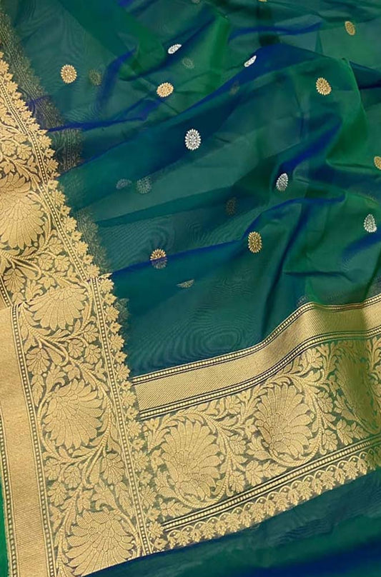 Green Handloom Banarasi Pure Kora Silk Sona Roopa Dupatta