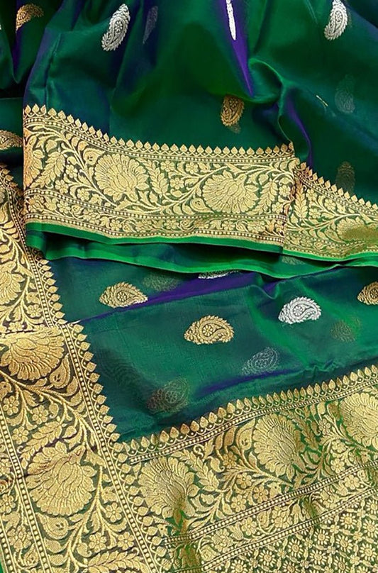 Green Handloom Banarasi Pure Kora Silk Sona Roopa Saree - Luxurion World
