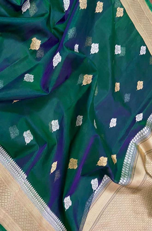 Green Handloom Banarasi Pure Kora Silk Sona Roopa Saree - Luxurion World