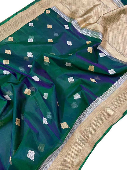 Green Handloom Banarasi Pure Kora Silk Sona Roopa Saree - Luxurionworld