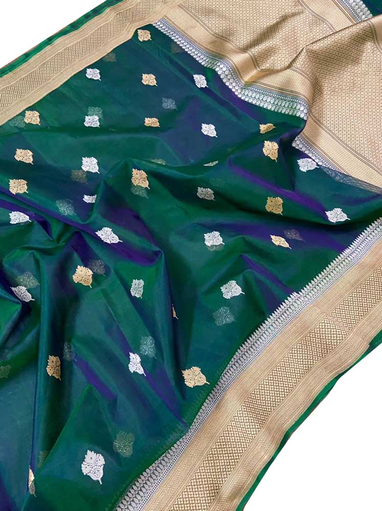Green Handloom Banarasi Pure Kora Silk Sona Roopa Saree - Luxurion World