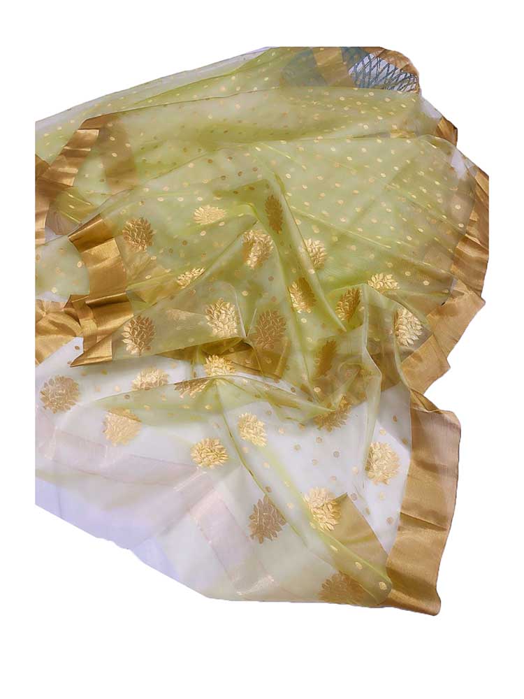 Green Handloom Chanderi Pure Katan Organza Silk Saree - Luxurion World