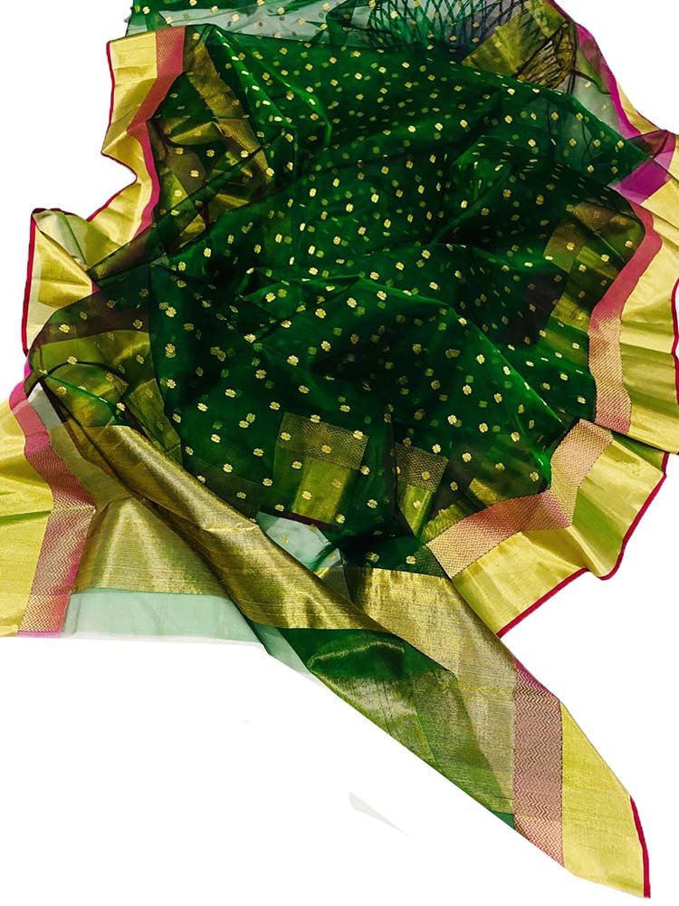 Exquisite Green Chanderi Handloom Katan Organza Silk Saree - Luxurion World