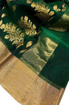 Green Handloom Chanderi Pure Katan Organza Silk Saree - Luxurion World