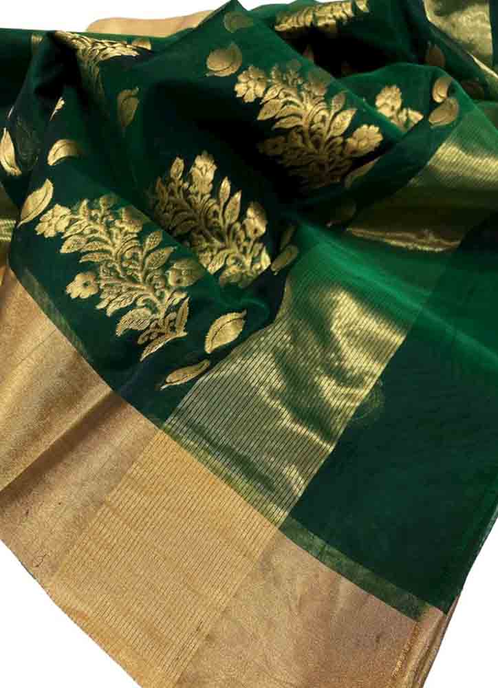Green Handloom Chanderi Pure Katan Organza Silk Saree - Luxurion World