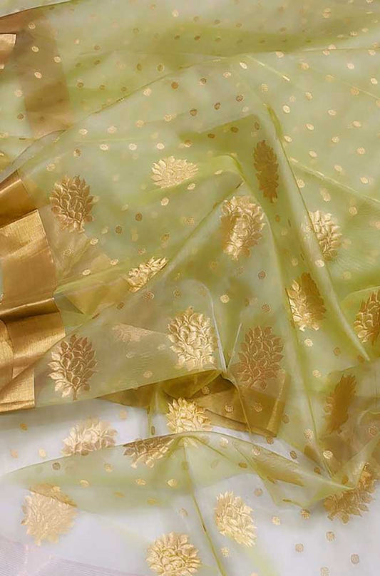 Green Handloom Chanderi Pure Katan Organza Silk Saree - Luxurion World