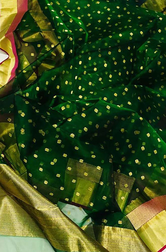 Exquisite Green Chanderi Handloom Katan Organza Silk Saree - Luxurion World