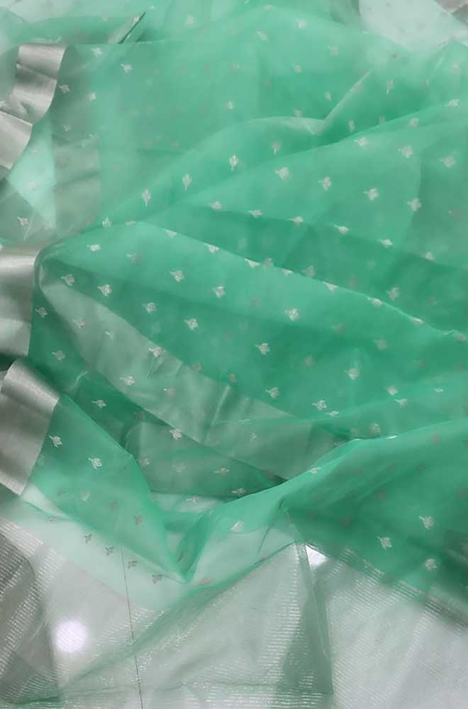 Green Handloom Chanderi Pure Katan Organza Silk Saree