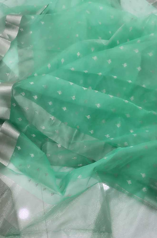 Green Handloom Chanderi Pure Katan Organza Silk Saree - Luxurion World