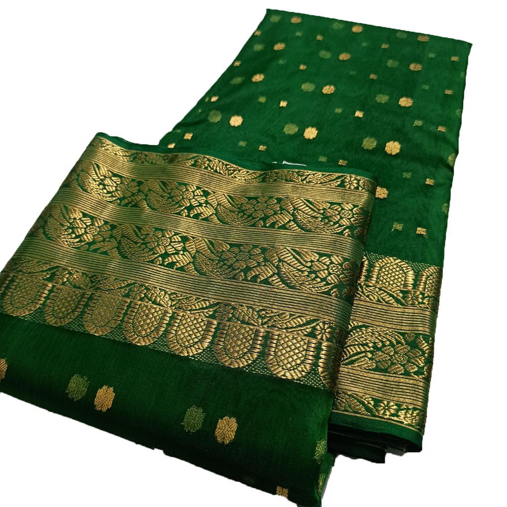 Stunning Green Handloom Chanderi Pure Katan Silk Saree - Perfect for Any Occasion! - Luxurion World