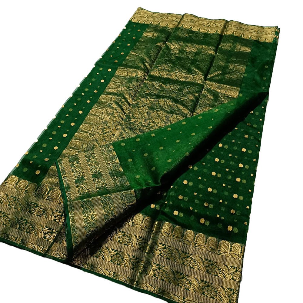 Stunning Green Handloom Chanderi Pure Katan Silk Saree - Perfect for Any Occasion! - Luxurion World