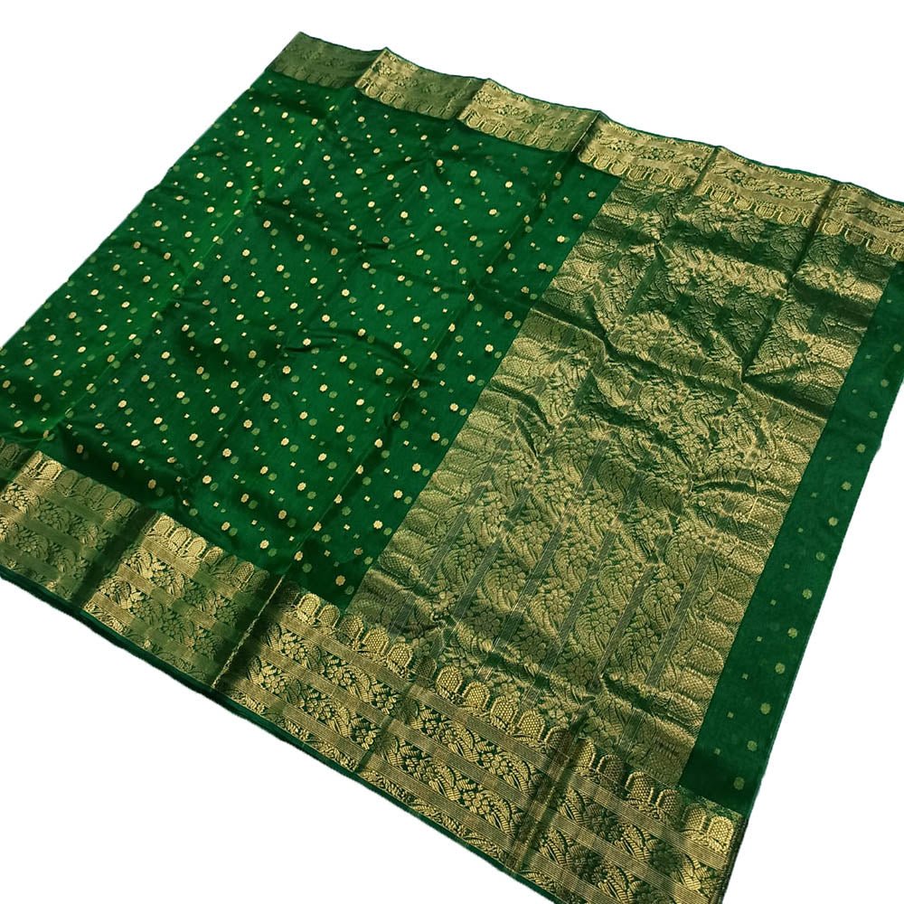 Stunning Green Handloom Chanderi Pure Katan Silk Saree - Perfect for Any Occasion! - Luxurion World