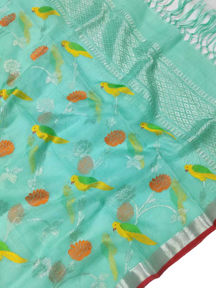 Green Handloom Kota Doria Real Zari Bird And Floral Design Dupatta - Luxurion World