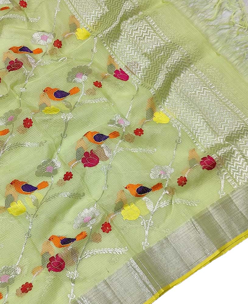 Green Handloom Kota Doria Real Zari Bird And Floral Design Dupatta - Luxurion World