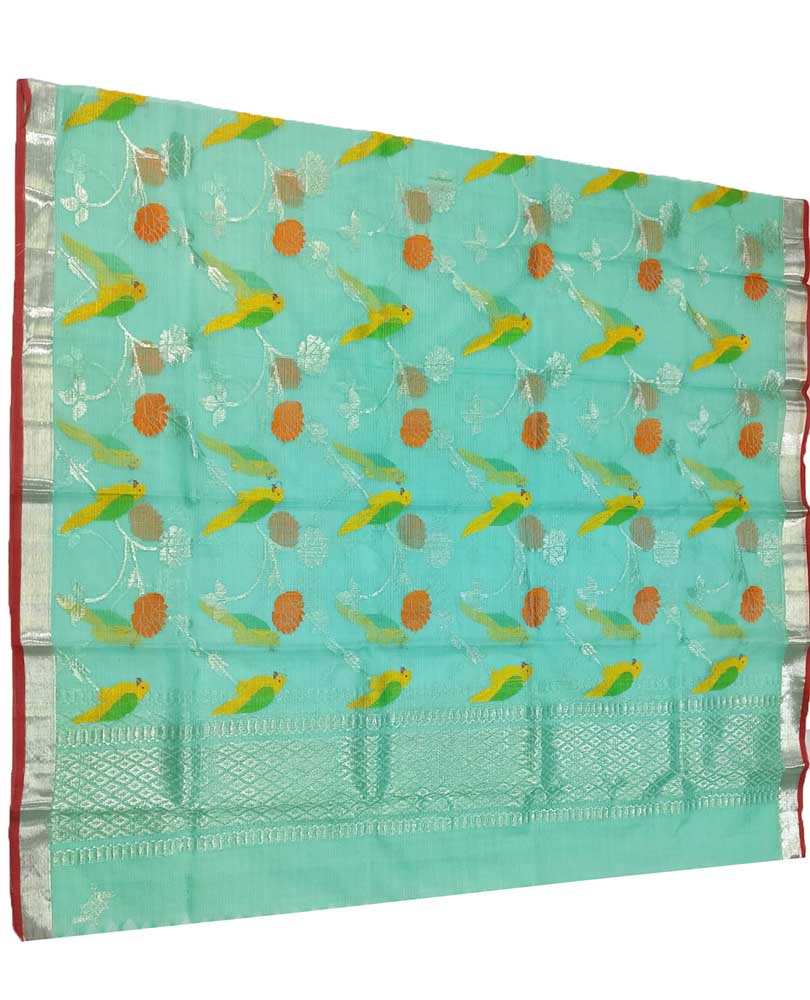 Green Handloom Kota Doria Real Zari Bird And Floral Design Dupatta - Luxurion World
