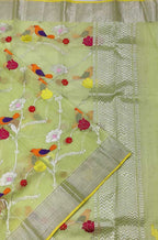 Green Handloom Kota Doria Real Zari Bird And Floral Design Dupatta - Luxurion World