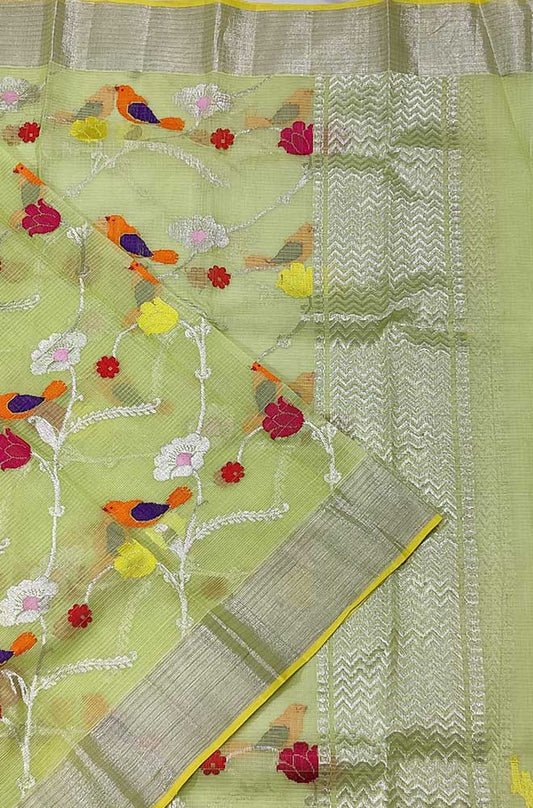 Green Handloom Kota Doria Real Zari Bird And Floral Design Dupatta - Luxurion World