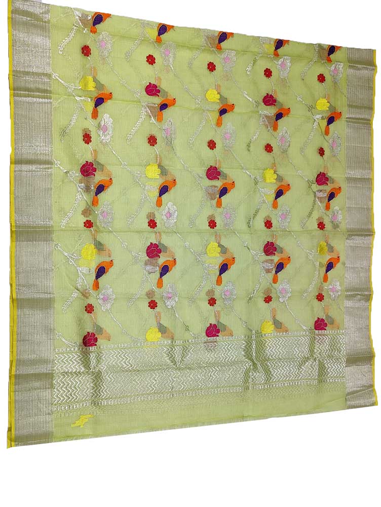 Green Handloom Kota Doria Real Zari Bird And Floral Design Dupatta - Luxurion World