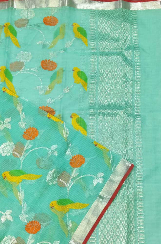 Green Handloom Kota Doria Real Zari Bird And Floral Design Dupatta - Luxurion World