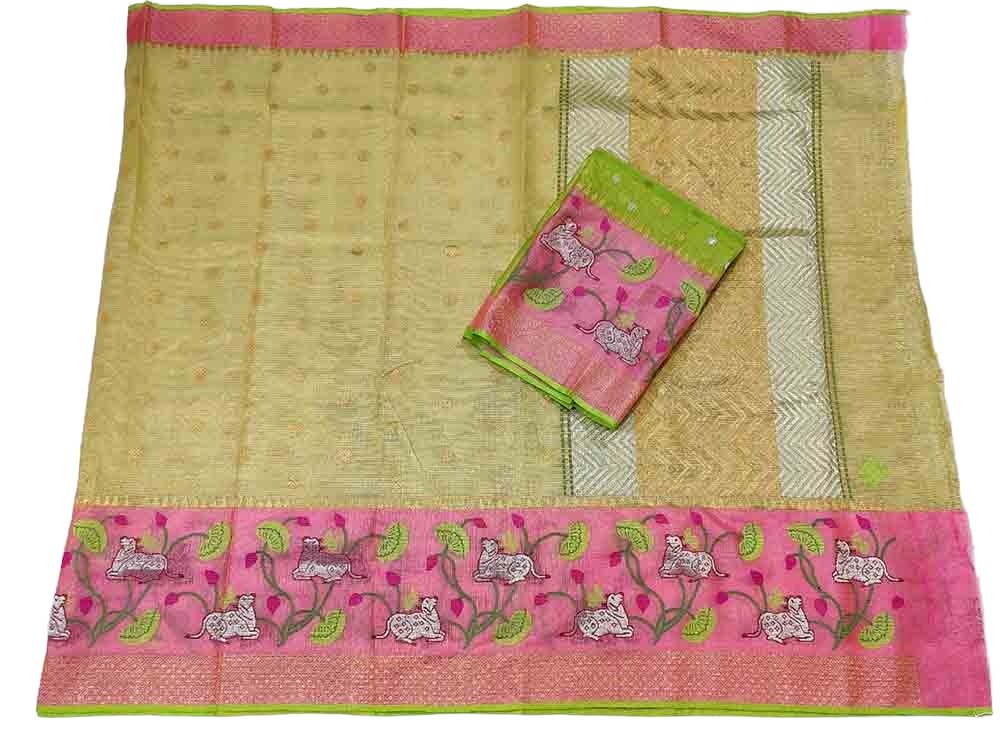Green Handloom Kota Doria Real Zari Figure Design Saree - Luxurion World