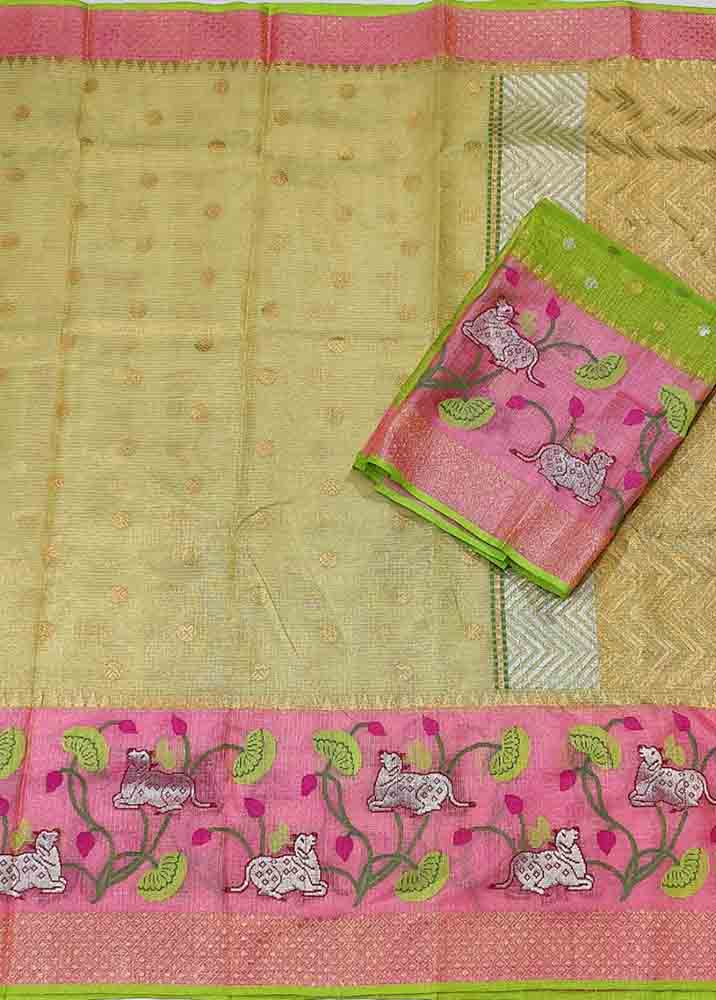 Green Handloom Kota Doria Real Zari Figure Design Saree - Luxurion World
