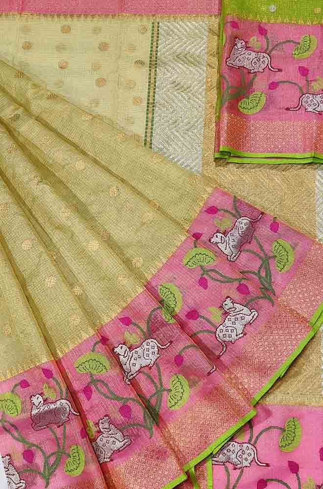 Green Handloom Kota Doria Real Zari Figure Design Saree - Luxurion World