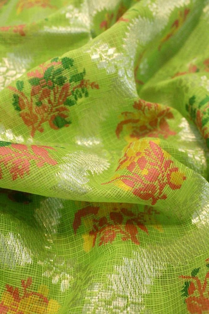 Green Handloom Kota Doria Real Zari Flower Design Saree - Luxurion World