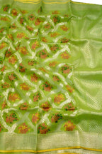 Green Handloom Kota Doria Real Zari Flower Design Saree - Luxurion World