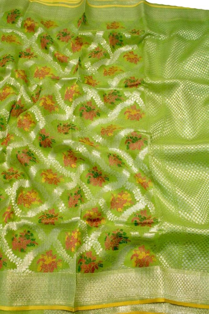 Green Handloom Kota Doria Real Zari Flower Design Saree - Luxurion World