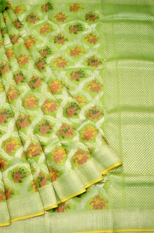 Green Handloom Kota Doria Real Zari Flower Design Saree - Luxurion World