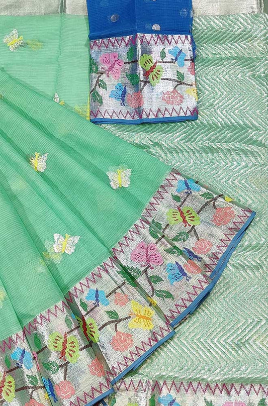 Green Handloom Kota Doria Real Zari Paithani Border Saree - Luxurion World