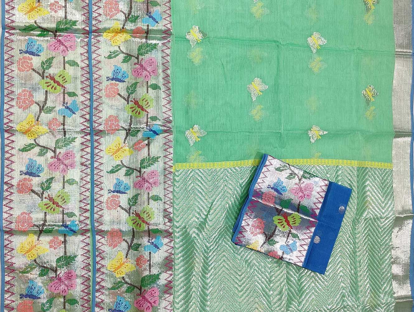 Green Handloom Kota Doria Real Zari Paithani Border Saree - Luxurion World