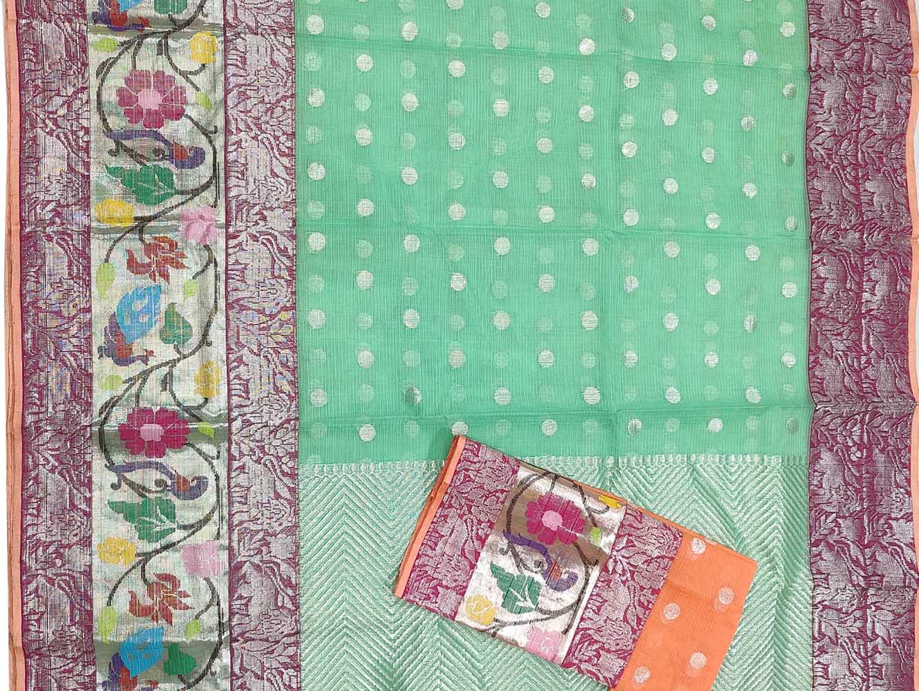 Green Handloom Kota Doria Real Zari Saree - Luxurion World