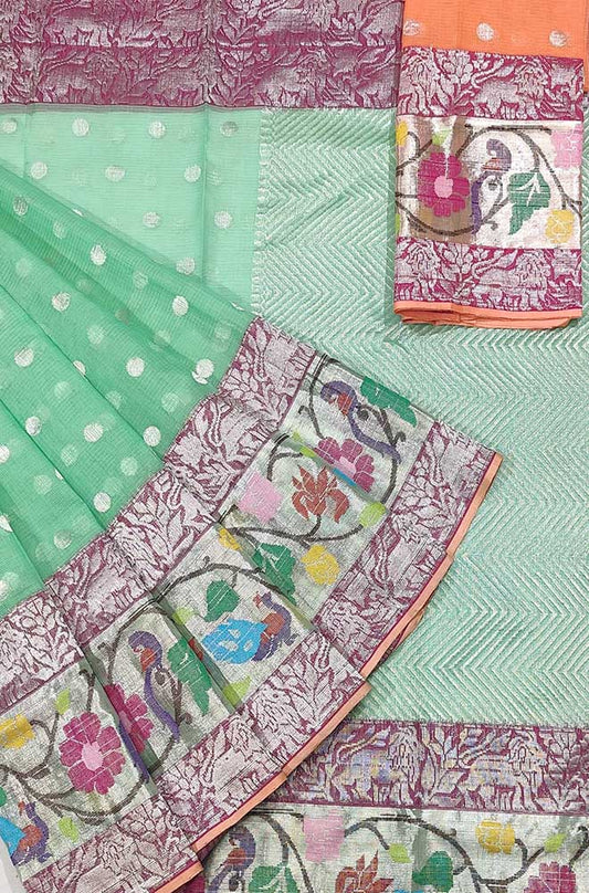 Green Handloom Kota Doria Real Zari Saree - Luxurion World