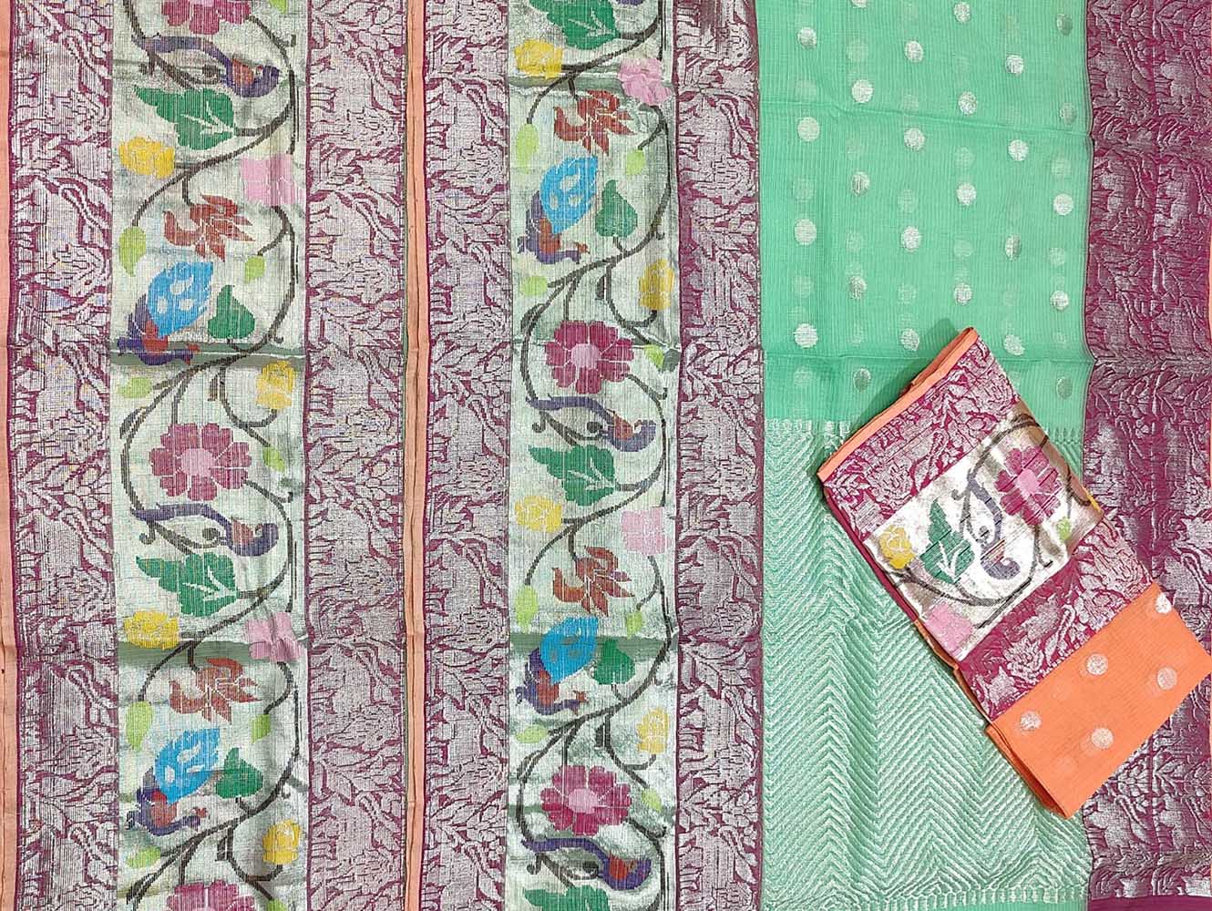 Green Handloom Kota Doria Real Zari Saree - Luxurion World
