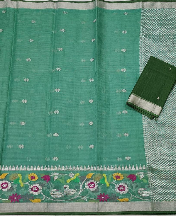 Olive Green Handloom Kota Dress Material with Hand Block Printed Leaves Design and Olive Green Block Print Dupatta