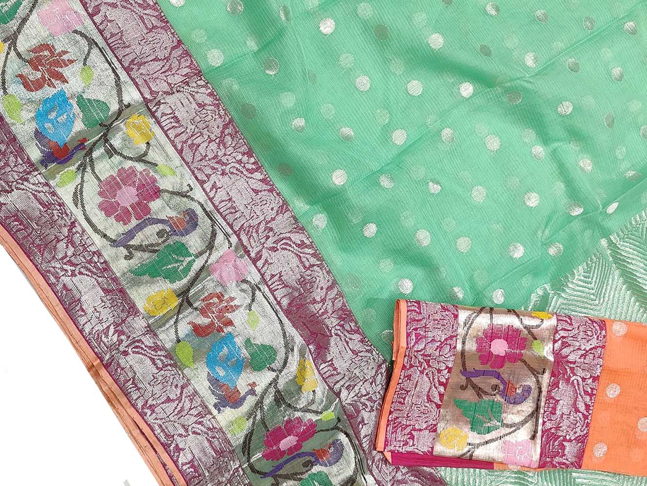 Green Handloom Kota Doria Real Zari Saree - Luxurion World